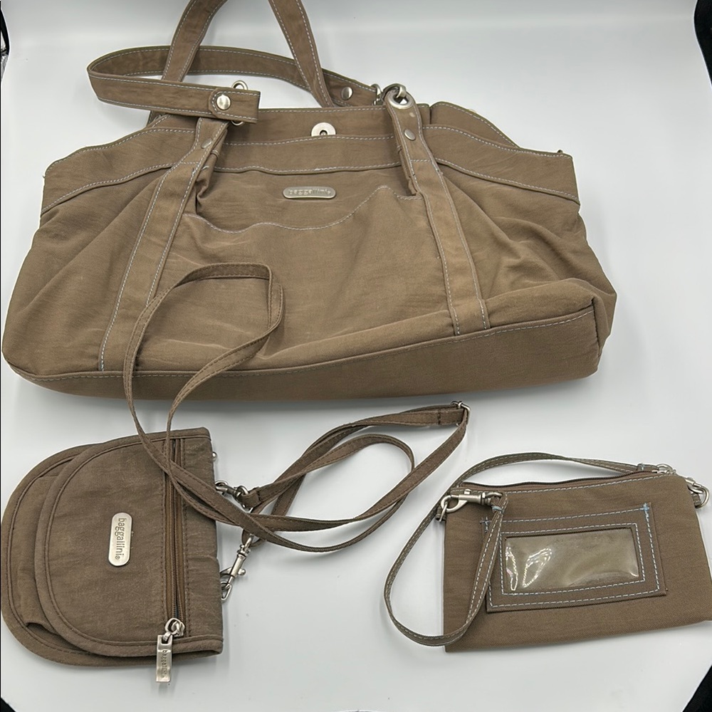 Baggalini Tan/Brown with Light Blue Lining Travel Purse Bag Set